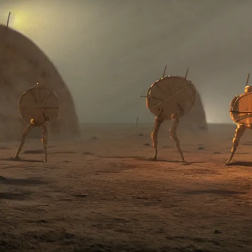 Image similar to battle scene from duna by alejandro jodorowsky and denis villeneuve i style many details by andrei tarkovsky volumetric natural light