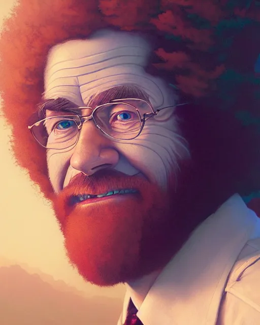 Image similar to highly detailed surreal vfx portrait of bob ross, stephen bliss, unreal engine, greg rutkowski, loish, rhads, beeple, makoto shinkai and lois van baarle, ilya kuvshinov, rossdraws, tom bagshaw, alphonse mucha, global illumination, detailed and intricate environment