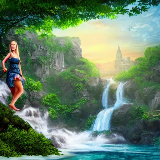 Prompt: an attractive woman holding an island with waterfalls coming off of it, happy, highly detailed, trending on art station, digital art, beautiful backdrop, highly detailed