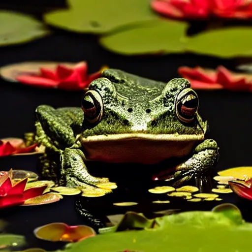 Image similar to dark clouds, close - up of a alien space frog in the pond with water lilies, shallow depth of field, highly detailed, autumn, rain, bad weather, ominous, digital art, masterpiece, matte painting, sharp focus, matte painting, by isaac levitan, asher brown durand,