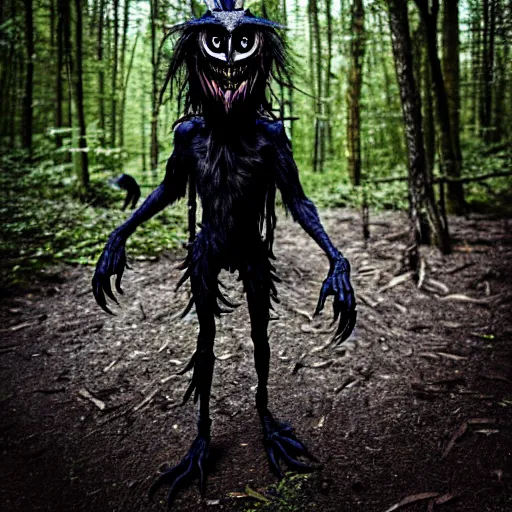 Image similar to werecreature consisting of a human and crow, photograph captured in a forest