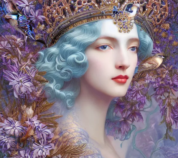 Image similar to breathtaking detailed concept art painting art deco pattern a beautiful wavy brown haired man with pale skin and a crown on his head sitted on an intricate metal throne light - blue flowers with kind piercing eyes and blend of flowers and birds, by hsiao - ron cheng and john james audubon, bizarre compositions, exquisite detail, extremely moody lighting, 8 k h 1 0 2 4