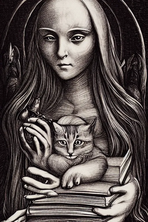 Image similar to da vinci illustration of romantic girl, her cat and her book of necronomicon, symmetrical, cinematic, sharp focus, 4 k, ultra hd, sense of awe, sinister demonic atmosphere, dreadful, forbidden knowledge, old gods, cthulhu, yog - sothoth! yah, yah, yah! cultist journal cover