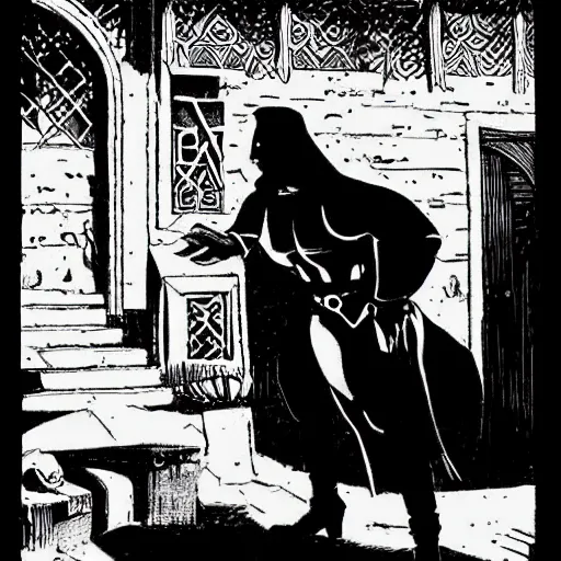 Image similar to A thief watching a middle eastern merchant from a dark alley. One Thousand and One Nights, Dark Fantasy, Film Noir, Black and White. High Contrast, Mike Mignola, D&D, OSR