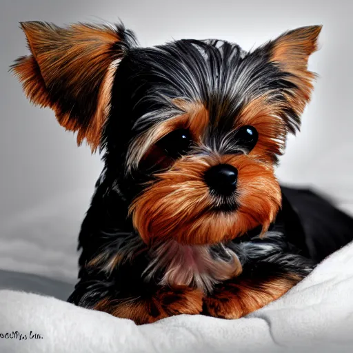 Image similar to digital painting of a cute adorable yorkie puppy asleep on a soft white blanket