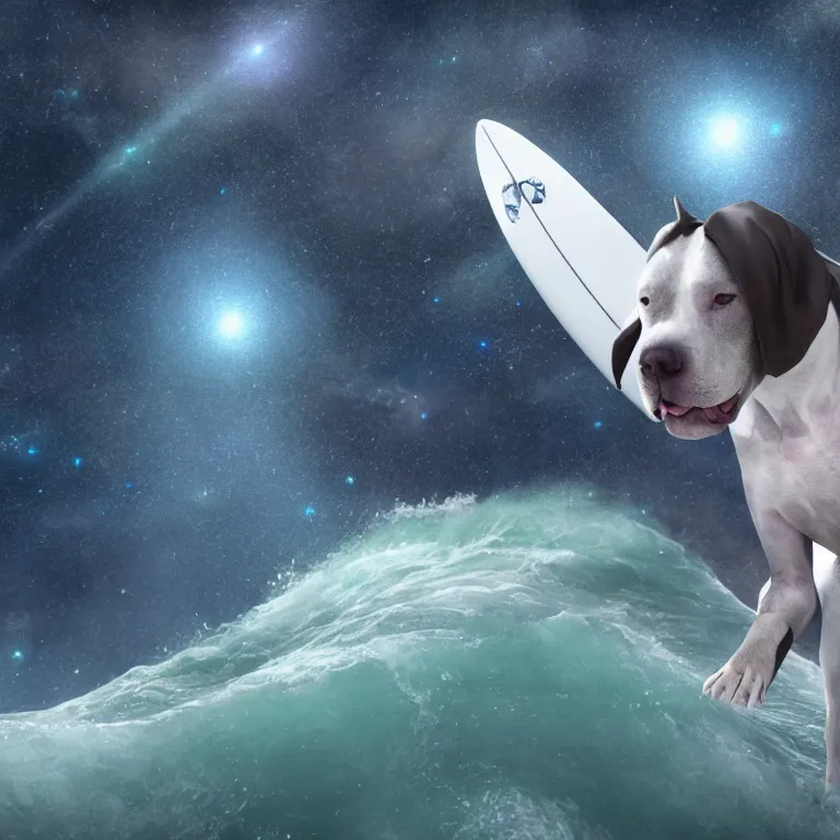 Prompt: photo of a skinny dark gray coat pit bull with a white paws and a white nose!, surfing on a surfboard in a crashing wave of alien galaxy, trending on art station, ocean in space, background is an alien galaxy, aliens in the background, alien colors, octane render, unreal engine, wide view, 8 k, highly detailed