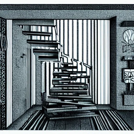 Image similar to a drawing of a room with a staircase, a computer rendering by howard arkley, cg society contest winner, psychedelic art, isometric, voxel art, vaporwave