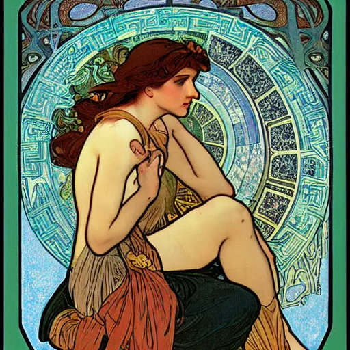 Prompt: echo, greek mythology, painted by alphonse mucha