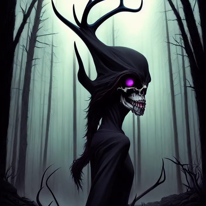 Image similar to style artgerm, joshua middleton, diego fazio, gerald brom : : scary wendigo with antlers and skull face mixed with werewolf : : [ beautiful witch wearing a black dress, symmetrical face, on the right side ] : : in the forest, detailed, dark and foggy, cinematic lighting