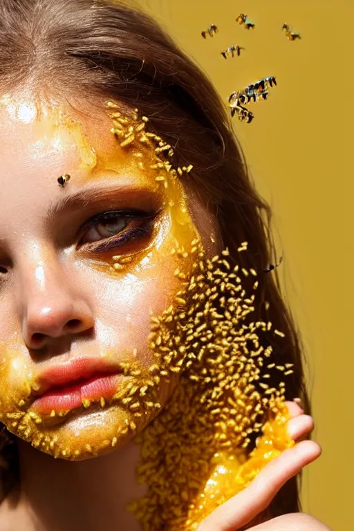 Image similar to The face of a beautiful girl with honey dripping down her face with bees clinging to it. yellow and dark shades. Close-up portrait in profile