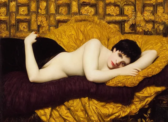 Image similar to portrait of liza minelli as a medieval lady reclining on bed, wearing yellow ochre, preraphaelite colour photography by frederic leighton, 8 k