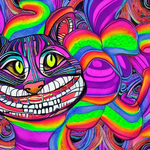 Image similar to psychedelic, photorealistic, colorfully cheshire cat in a maximalist style on a background that fades to black