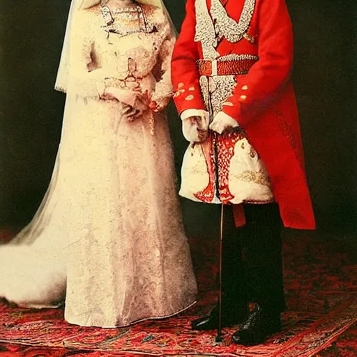 Prompt: a wide full shot, colored russian and japanese mix historical fantasy of a photograph portrait taken of a royal wedding ceremony, photographic portrait, warm lighting, 1 9 0 7 photo from the official wedding photographer for the royal wedding.