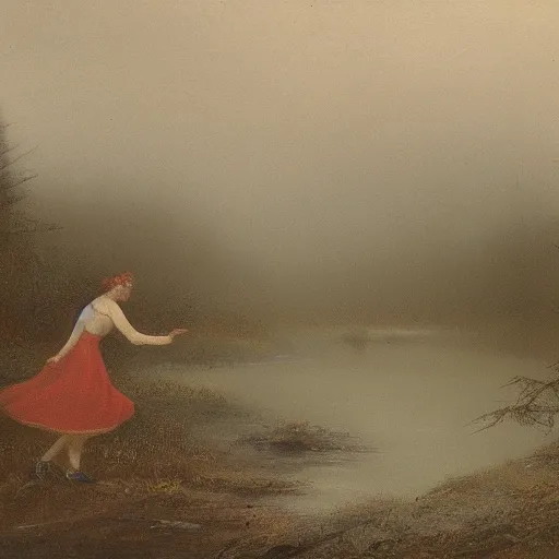 Prompt: girl dancing in front of a river, alone in the wilderness, foggy, misty morning, early spring, boreal forest, 19th century,