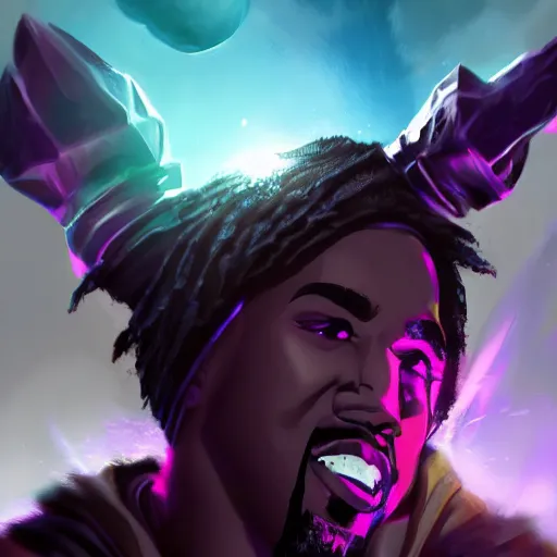 Prompt: kanye west, league of legends splash art