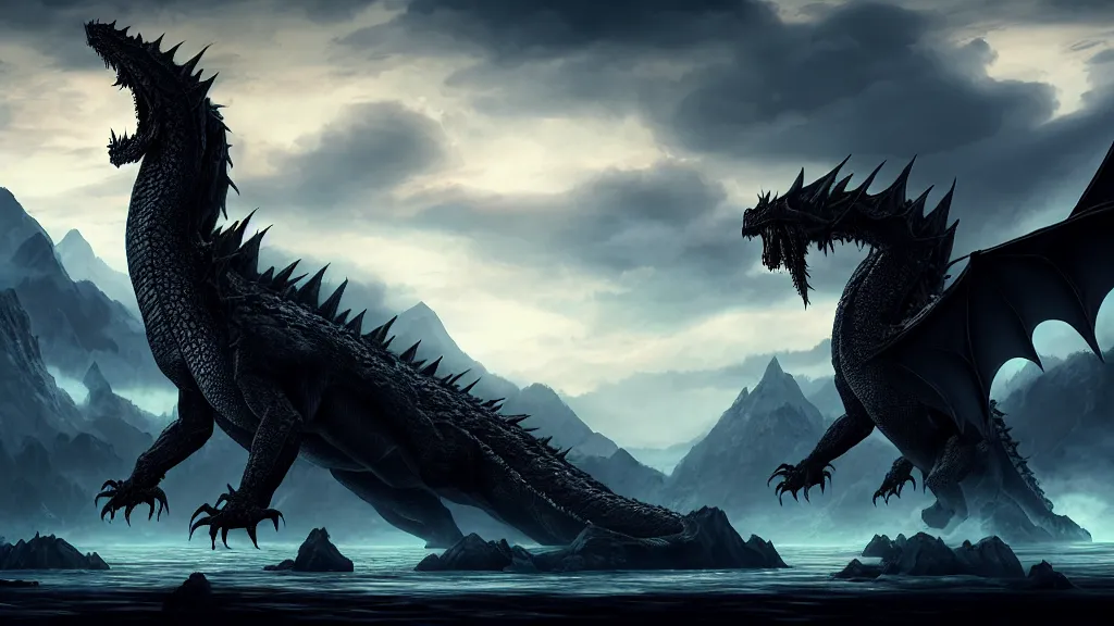 Image similar to Ancalagon the black, the biggest dragon that ever lived, over towering the huge mountains of Thangorodrim, landscape wide shot, epic, cinematic lighting, Unreal Engine 5, film key art, Bloom, dramatic lighting, cg artist