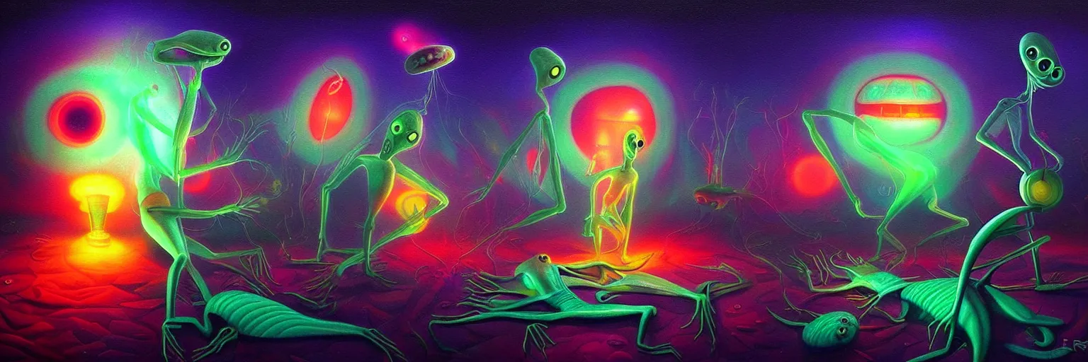 Image similar to strange alien plankton creatures from the depths of the collective unconscious, dramatic lighting, surreal darkly colorful painting by ronny khalil