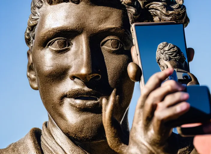 Image similar to photo still of a bronze statue of a person using an iphone to take a selfie, park on a bright sunny day, 8 k 8 5 mm f 1 6