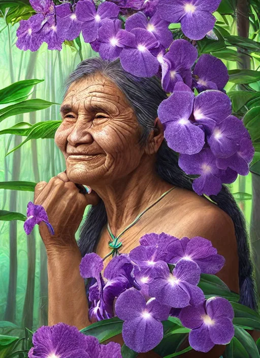 Prompt: a beautiful portrait of a smiling indigenous old woman healer with white long hair in the amazon jungle surrounded by purple flowers of brunfelsia grandiflora, purple face paintings, matte painting, by christophe vacher