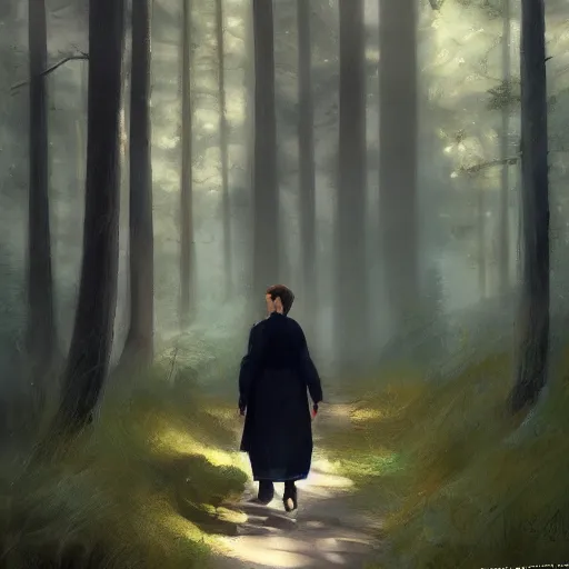 Prompt: supreme court justice elena kagan going for a walk in the woods, digital art by ruan jia and mandy jurgens and artgerm, realistic face, highly detailed, trending on artstation, award winning