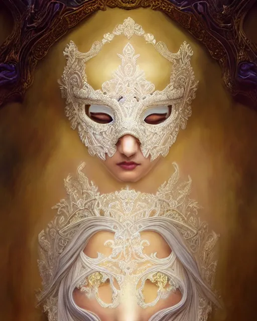 Image similar to beautiful ethereal maiden in a ivory masquerade mask intricate ornate fractal-lace and gemstones, wearing stunning ivory dress, ivory gold iridescent, full view, soft lighting, vivid, Hyperdetailed, 4k hd matte painting by Artgerm, Greg Rutkowski, Klimt, James Jean, 8k resolution, enchanting and otherworldly, Artstation, CGsociety, detailed, front view