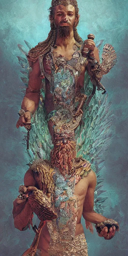 Prompt: Portrait of enki sumerian god, holding a strobilus in his left hand and wings. illustration, by James Jean, artgerm, octane render, by John Coltrane and Marc Simonetti, Manic, inspired by Greg rutkowski, colorful, high detail of the face, full body