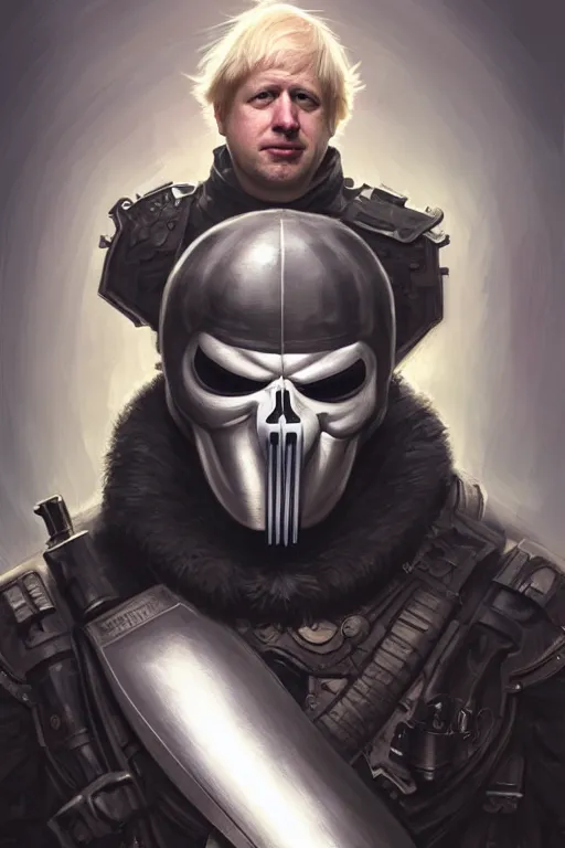 Image similar to boris johnson as punisher, armor plate, realistic portrait, symmetrical, highly detailed, digital painting, artstation, concept art, smooth, sharp focus, illustration, cinematic lighting, art by artgerm and greg rutkowski and alphonse mucha