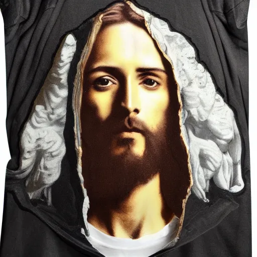 Prompt: jesus portrait in virgil abloh hoodie streetwear by nicola samori, off - white style