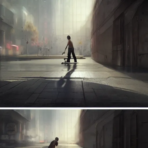 Prompt: a man skateboarding digital painting, artstation, concept art, soft light, hdri, smooth, sharp focus, illustration, intricate, elegant, highly detailed, matte painting, in the style of Greg Rutkowski, 8k, highly detailed