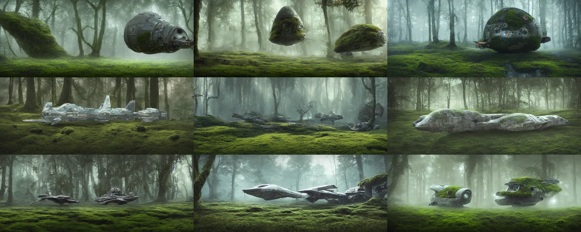 Prompt: intricately designed soft focus flat shaded illustration of a cute spaceship covered in patches of moss, foggy swamp, 4 k, unreal engine, morning