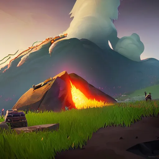 Image similar to fortnite volcano event by greg rutkowski