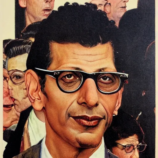 Image similar to norman rockwell painting of jeff goldblum, closeup face.