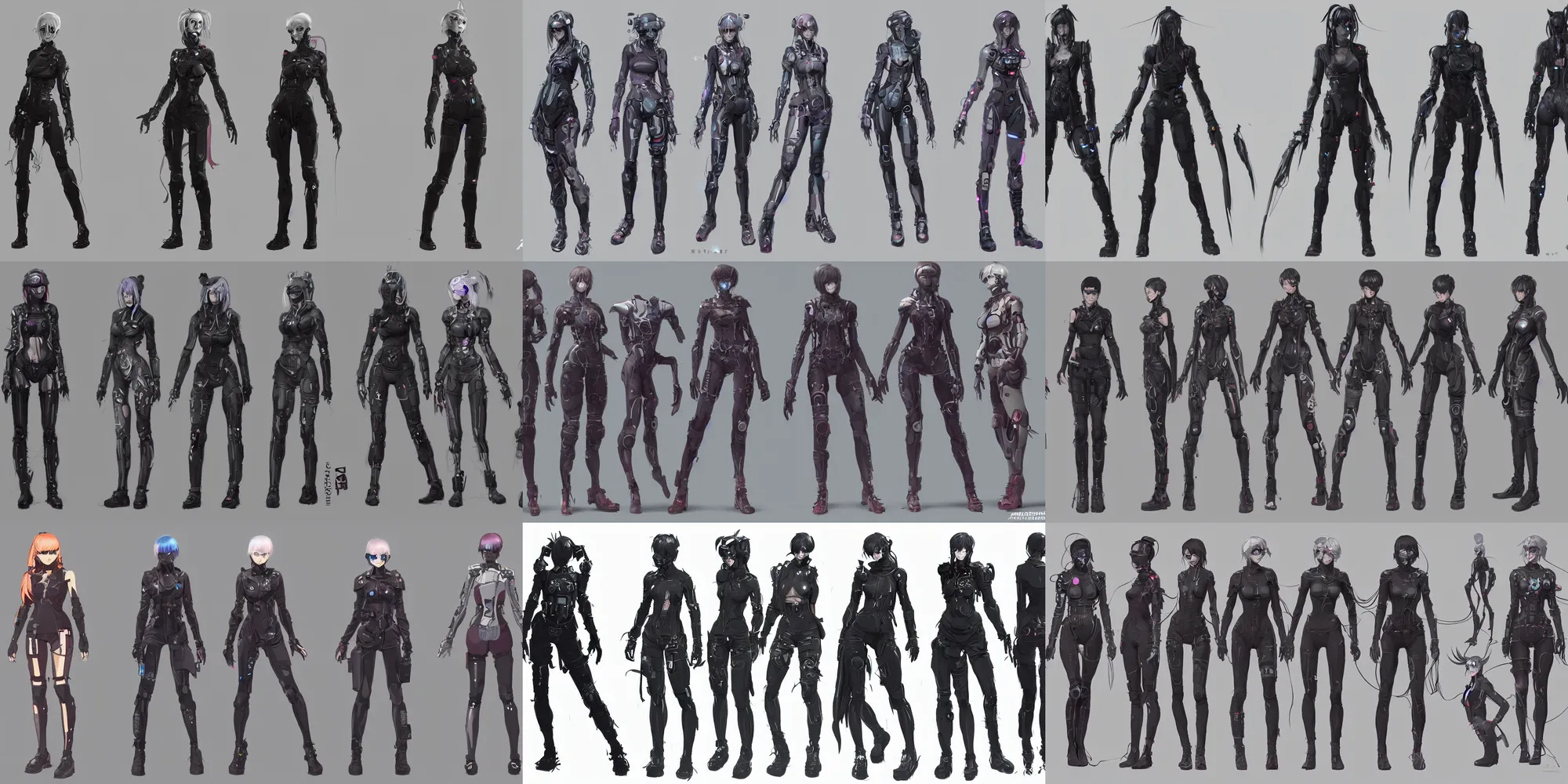 Prompt: full body cyberpunk female character concepts by senior concept artist in the anime film, featured on artstation