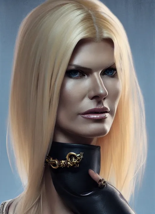 Prompt: portrait of blonde victoria silvstedt as a sultry lady, collar and leash, leather, greek, intricate, headshot, victoria silvstedt face, highly detailed, digital painting, artstation, concept art, sharp focus, cinematic lighting, illustration, art by artgerm and greg rutkowski, alphonse mucha, cgsociety