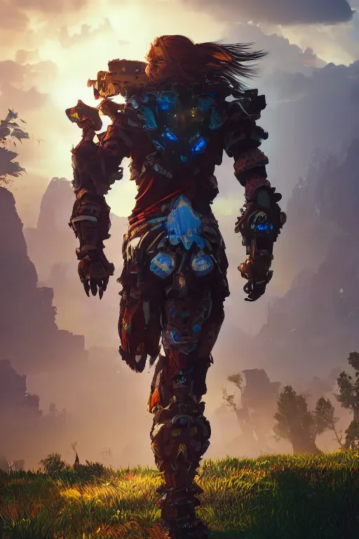 Image similar to combination suit armor aloy horizon forbidden west horizon zero dawn radiating a glowing aura global illumination ray tracing hdr fanart arstation by ian pesty and alena aenami artworks in 4 k tribal robot ninja mask helmet backpack