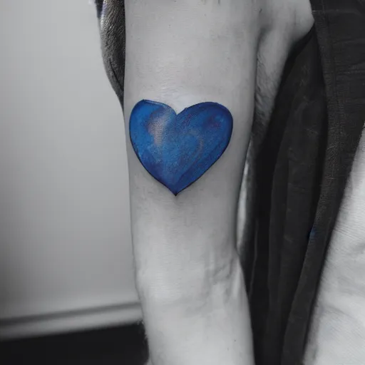 Prompt: Tattoo on arm of blue heart, cinestill, 800t, 35mm, full-HD