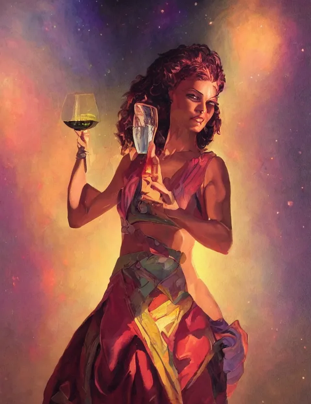 Prompt: androgynous deity of starlight and wine. this oil painting by the award - winning scifi artist has interesting color contrasts, plenty of details and impeccable lighting.