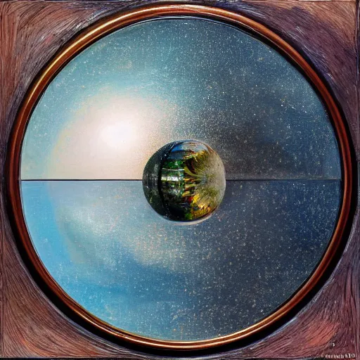 Prompt: a highly detailed oil on canvas in a wooden frame of a Nikon D850 inside of a sphere made out of mirrors