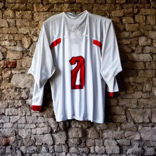 Image similar to medieval soccer jersey, hanging on a wall in a castle