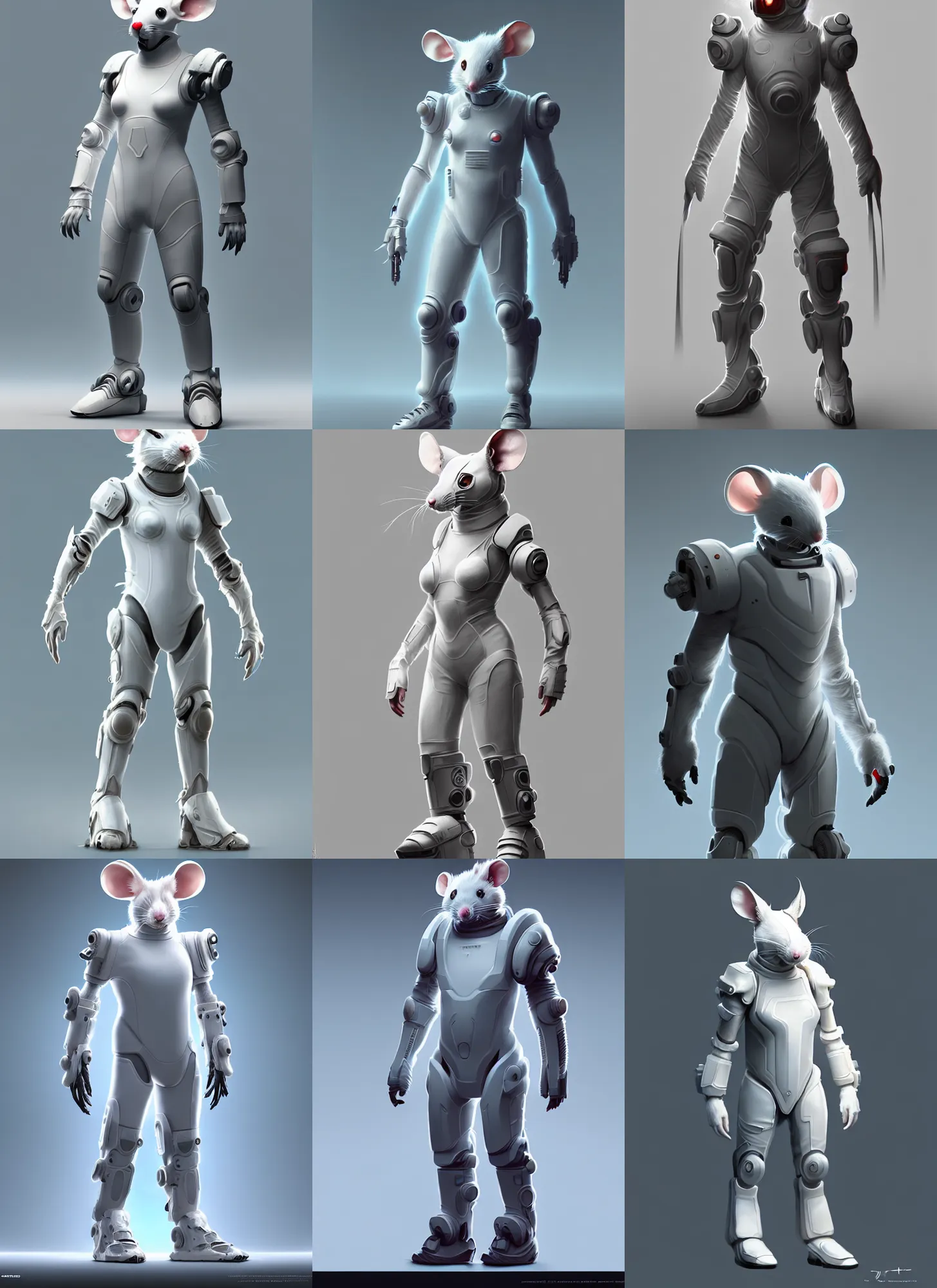 Prompt: full body character of an antropomorphic white furred mouse technomage in light tech armor, high detail, scifi, cyberpunk style, soft studio lighting, digital painting, concept art, octane render