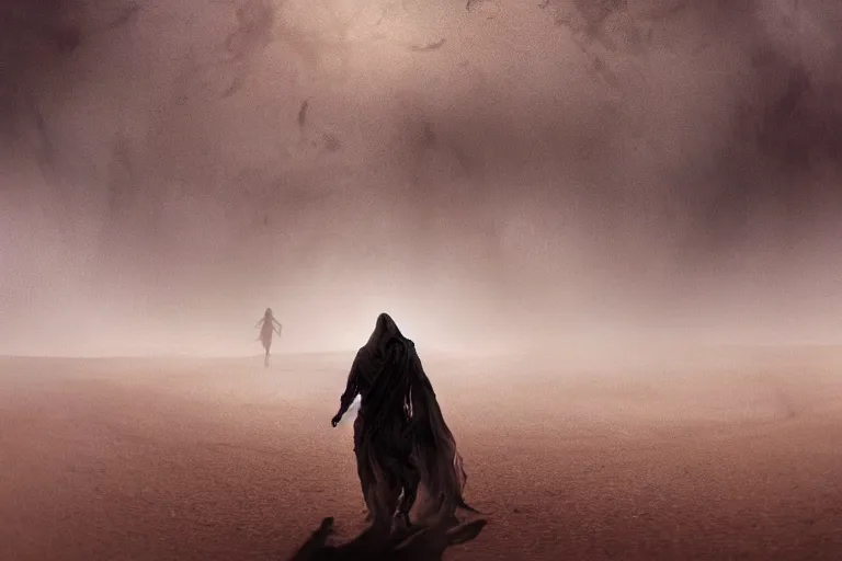 Prompt: a shadowy figure in tattered robes sees another figure in the distance, in an alien desert during a sandstorm ; tension, creepy mood, uneasy atmosphere, breathtaking digital art, cinematic lighting, striking perspective, contrasting colors, unreal engine 8 k, trending on artstation, aesthetic color palette, very realistic, highly detailed