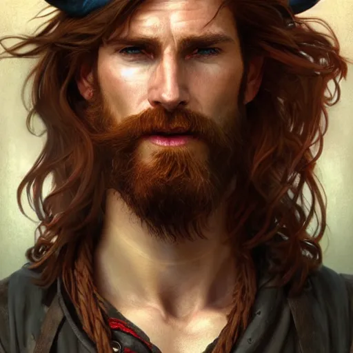 Image similar to portrait of a young ruggedly handsome but joyful pirate, male, masculine, upper body, red hair, long hair, d & d, fantasy, piercing gaze, sharp features, intricate, elegant, highly detailed, digital painting, artstation, concept art, matte, sharp focus, illustration, art by artgerm and greg rutkowski and alphonse mucha