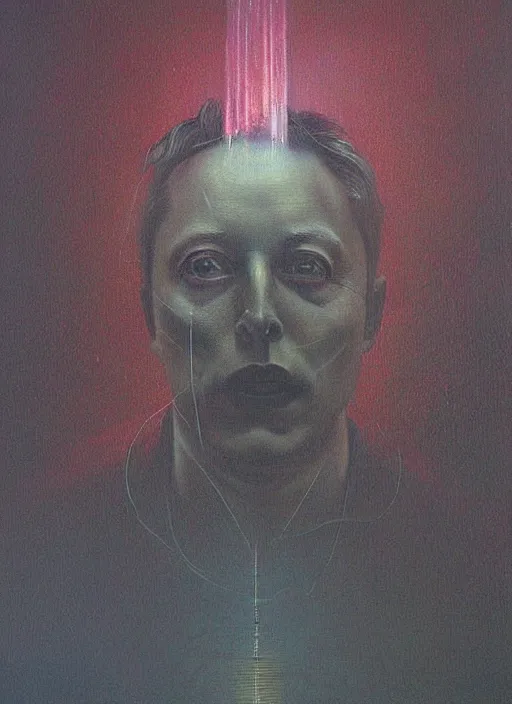 Image similar to A painting of Elon Musk in style of Beksinski. Very detailed