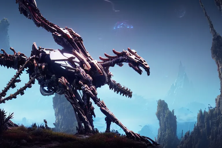 Image similar to wide epic shot. a hyper detailed spikesnout evangelion realistic mechanical and organic creature similar look as horizon forbidden west horizon zero dawn, bioluminiscence in a dark deep forest at dawn in spring, with reflection and textures, by kilian eng, substance painter reaslitic mech surface metal painted scratches, world env from horizon forbidden west horizon zero dawn