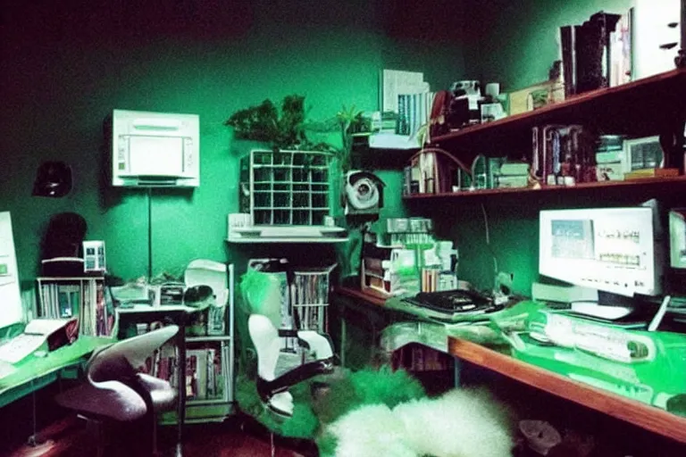 Prompt: apartment organization inspo green and fluffy, in 2 0 5 5, y 2 k cybercore, low - light photography, bathed in the glow of a crt monitor, still from a ridley scott movie