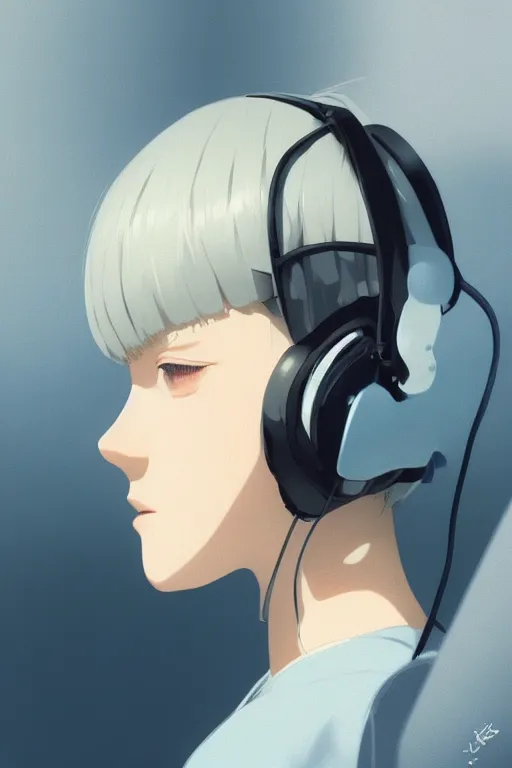 Prompt: a cute young woman with white bob cut hair listening to music and wearing headphones by Ilya Kuvshinov and Range Murata, eyes closed, blue filter, blue and white, soft lighting, atmospheric, cinematic atmosphere, moody, Krenz Cushart, digital painting, 8k