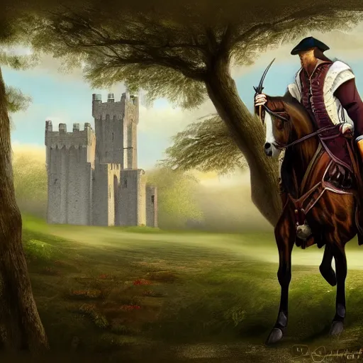 Image similar to plano general de un caballero montado a caballo, colina de fondo con castillo medieval. digital art, art station, realista,