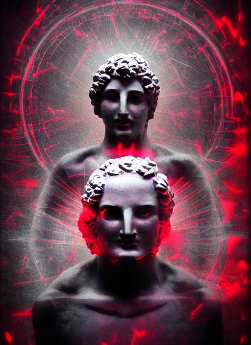 Image similar to dark design poster showing a statue of dionysus, black background with very subtle red and purple design elements, powerful, nekro, vito acconci, thin straight lines, dark, glitch art, neo vaporwave, gritty, layout frame, square, trending on artstation