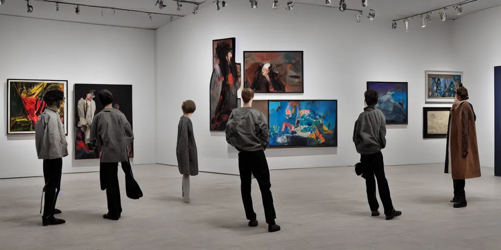 Prompt: an modern art gallery with pictures in the style of tim eitel and cool looking punks in 2 0 2 1