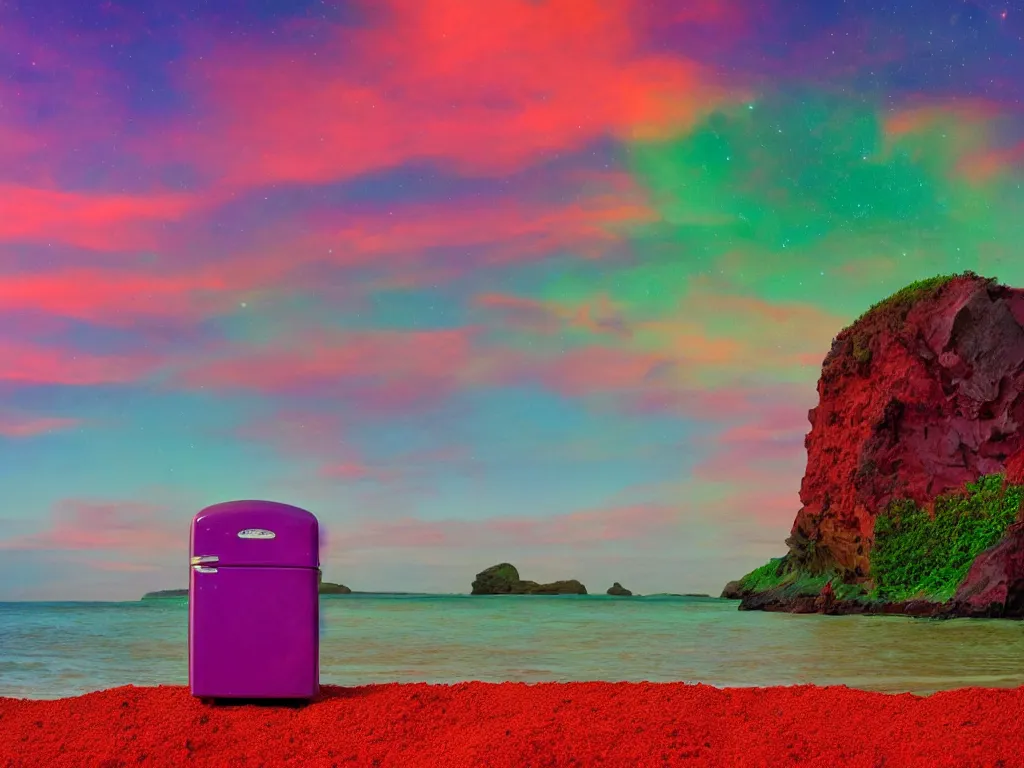 Image similar to purple refrigerator, red sand beach, green ocean, nebula sunset